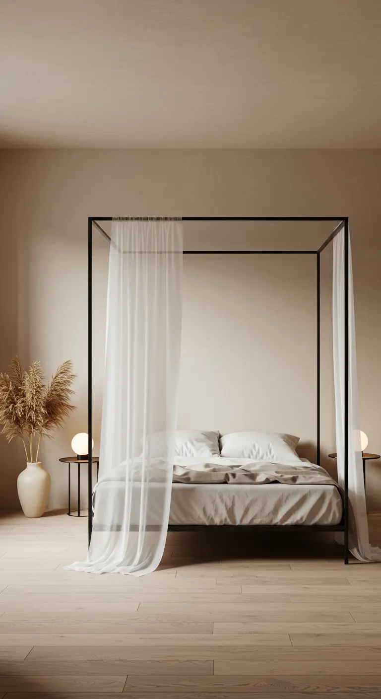 Lit à baldaquin minimaliste avec des voilages blancs dans une chambre épurée.
