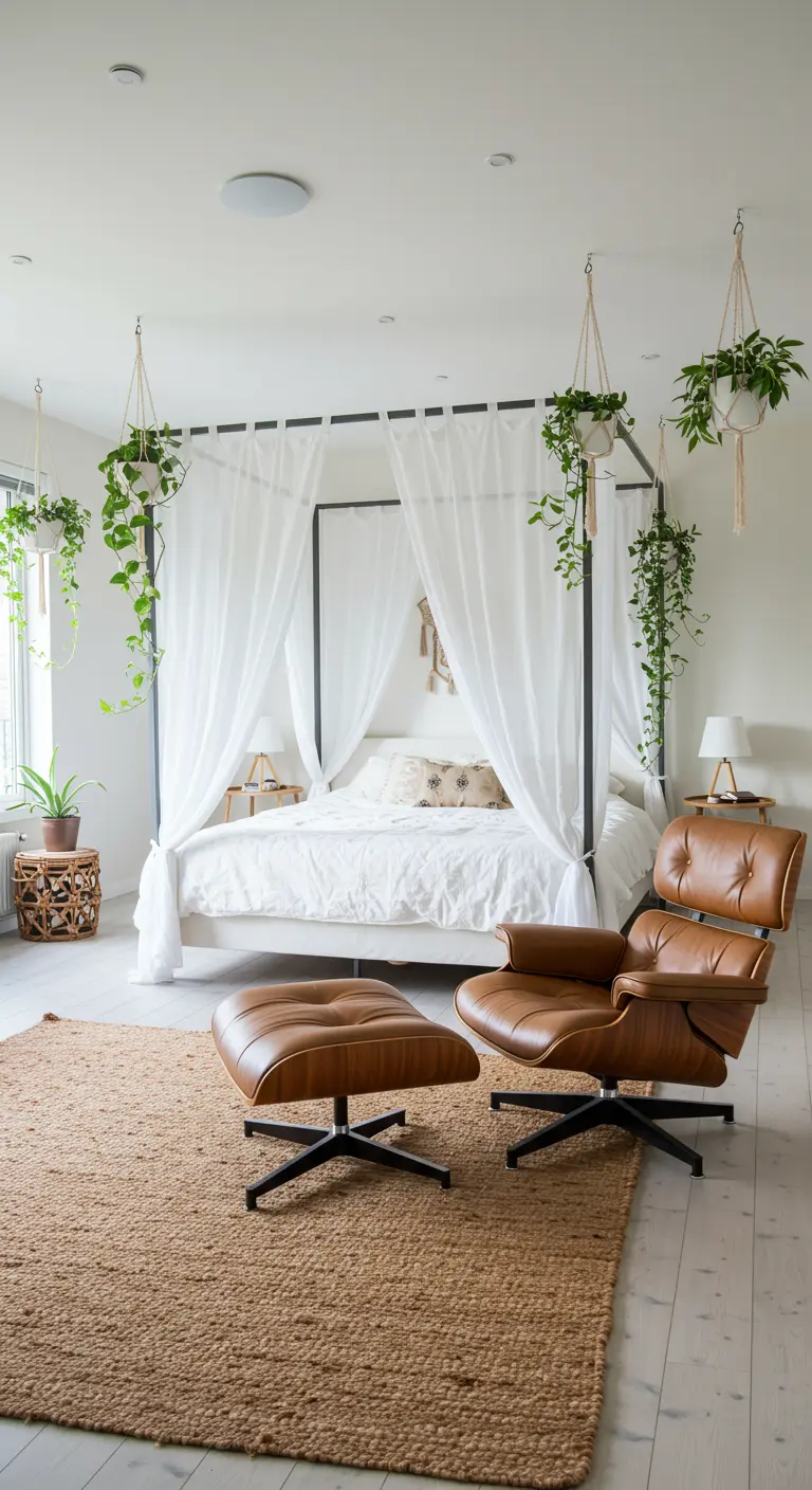 Lit à baldaquin avec voilages blancs, plantes suspendues et fauteuil en cuir.