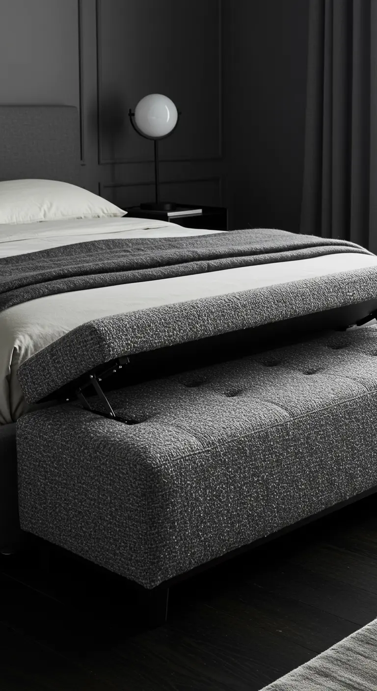 Banc de lit capitonné en tissu gris, ouvert pour révéler un espace de rangement.