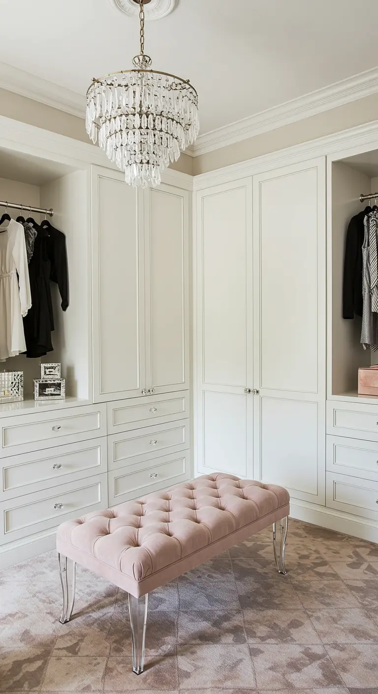 Banc capitonné en velours rose avec des pieds en acrylique, placé dans un dressing blanc élégant.