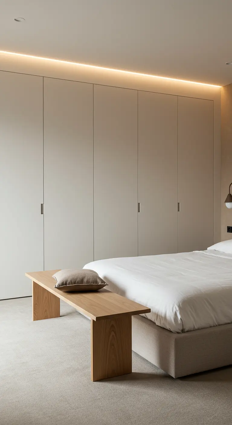 Banc en bois clair au pied d'un lit dans une chambre minimaliste et lumineuse.