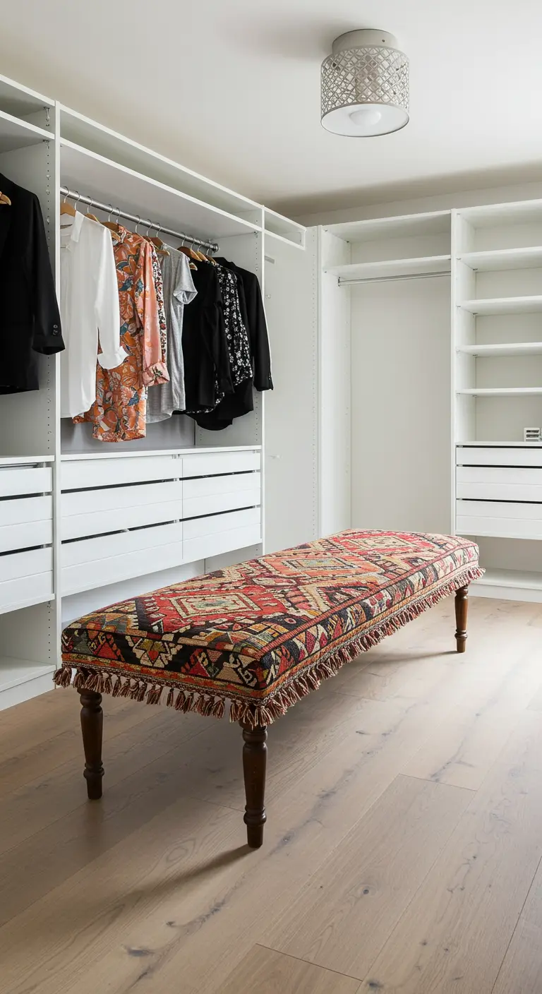 Long banc en bois avec une assise recouverte d'un tapis kilim coloré.