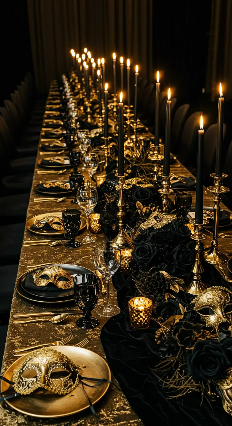 Longue table de banquet dressée en noir et or, éclairée par de hautes bougies noires.