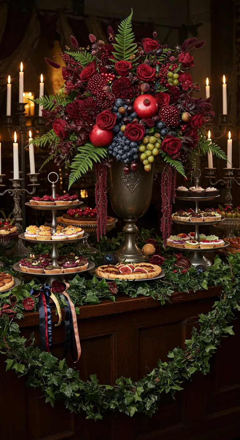 Buffet baroque et sombre avec un immense bouquet de fleurs rouges, des fruits et des bougies.