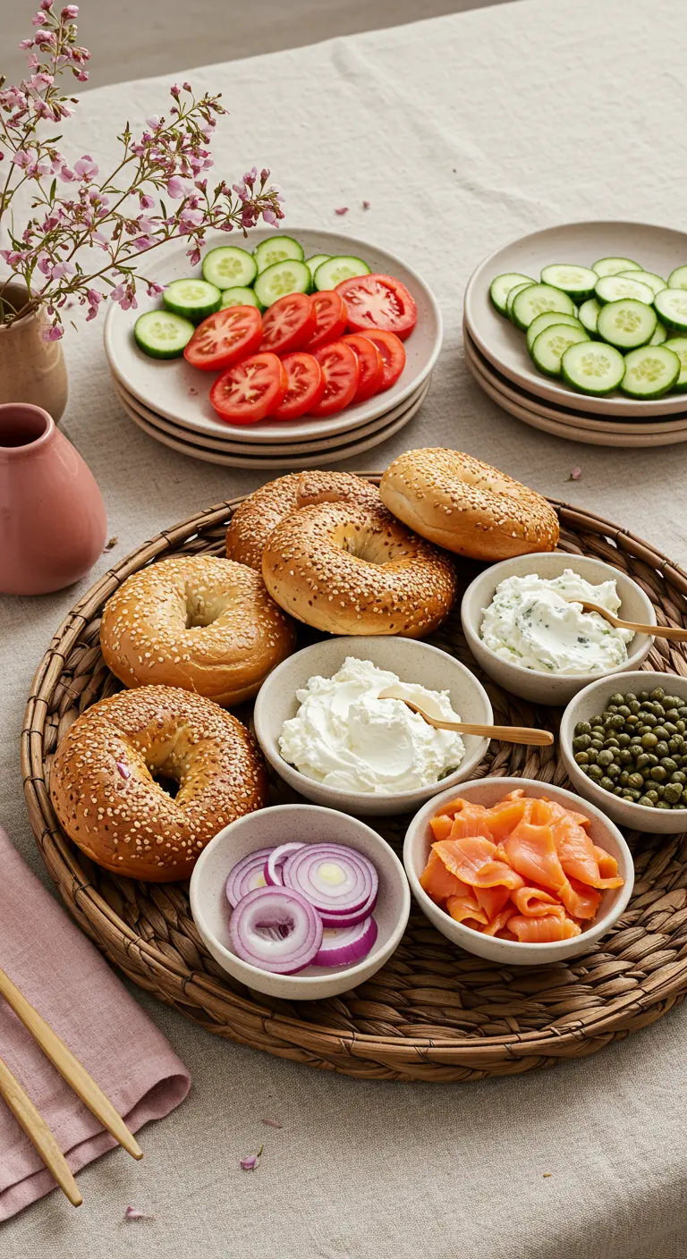 Bar à bagels dans un grand plateau tressé avec divers accompagnements dans des bols.