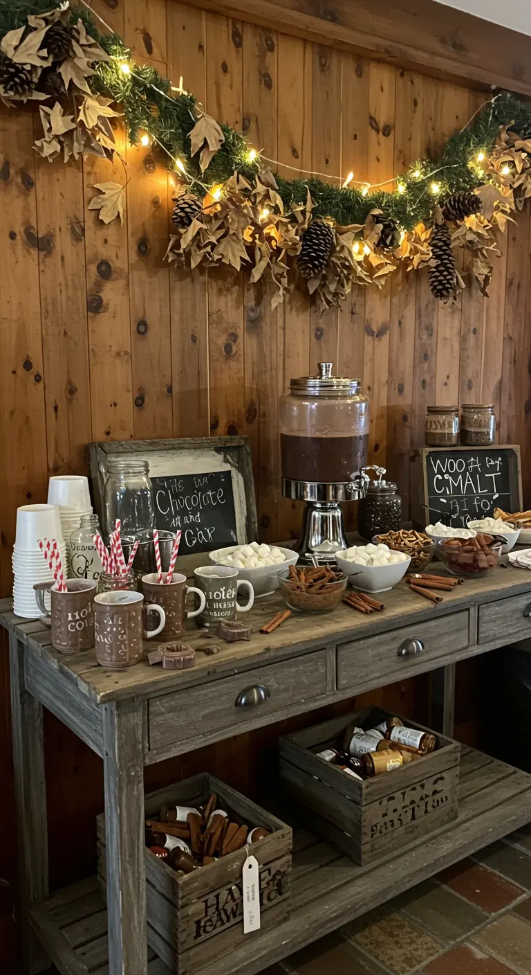 Bar à chocolat chaud rustique décoré avec une guirlande de feuilles séchées lumineuse.