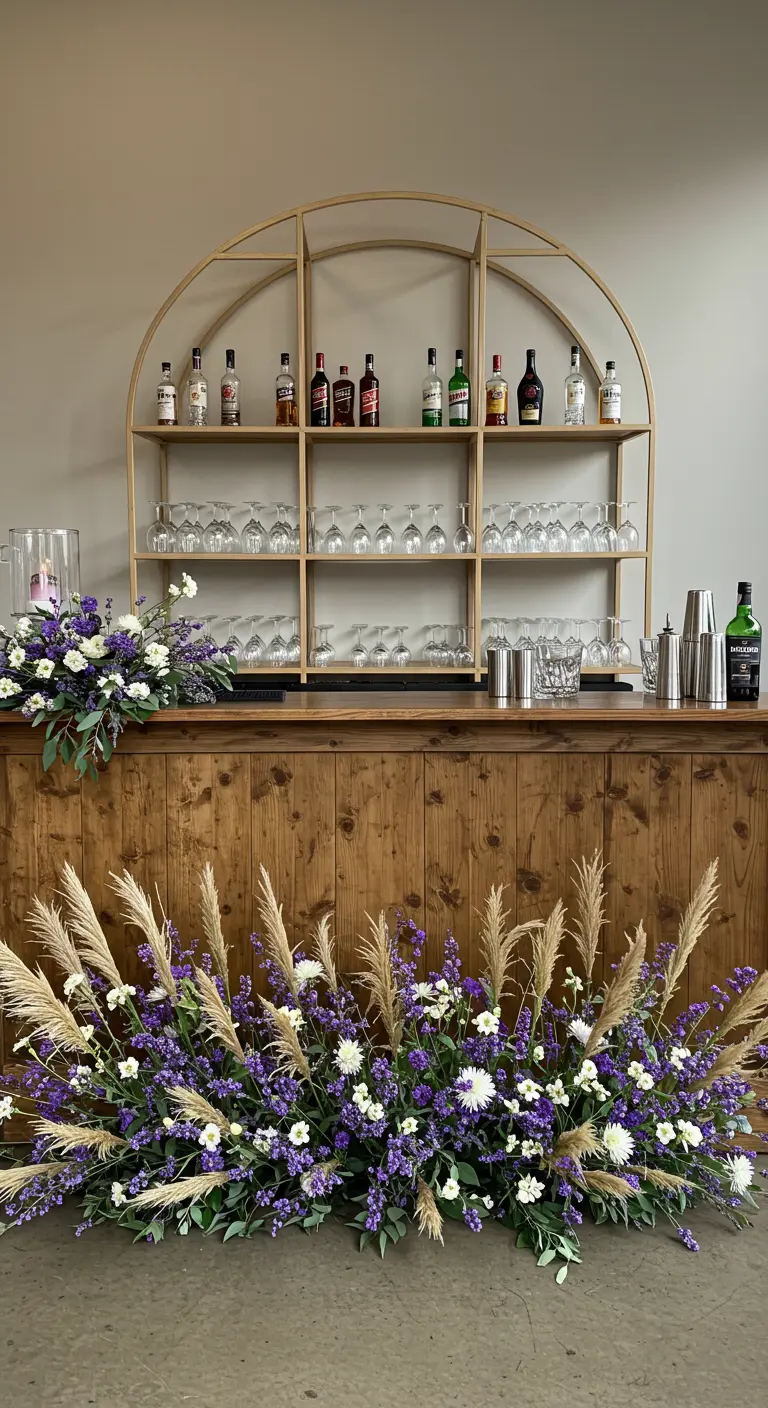 Bar de mariage avec une grande étagère en arche dorée et une décoration florale à sa base.