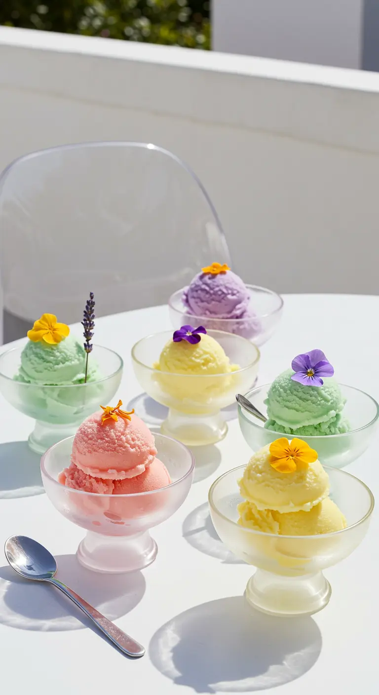 Coupes de sorbet pastel décorées de petites fleurs comestibles.