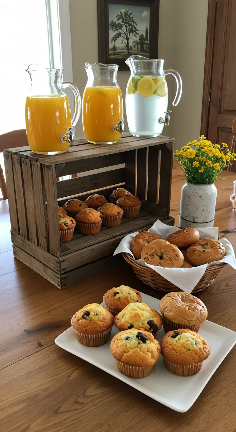 Distributeurs de jus d'orange et d'eau sur une caisse en bois retournée.