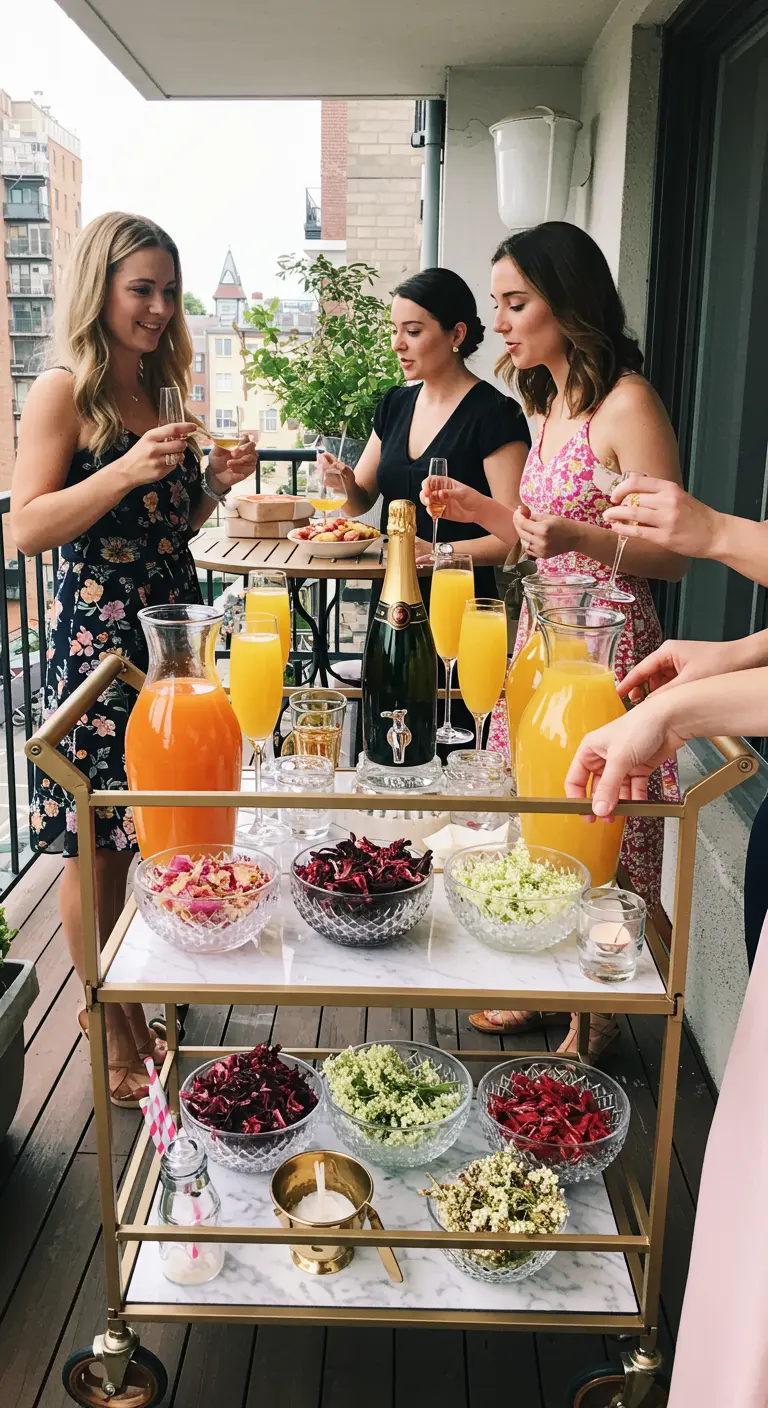 Bar à mimosas sur un balcon avec des bols de fleurs comestibles.