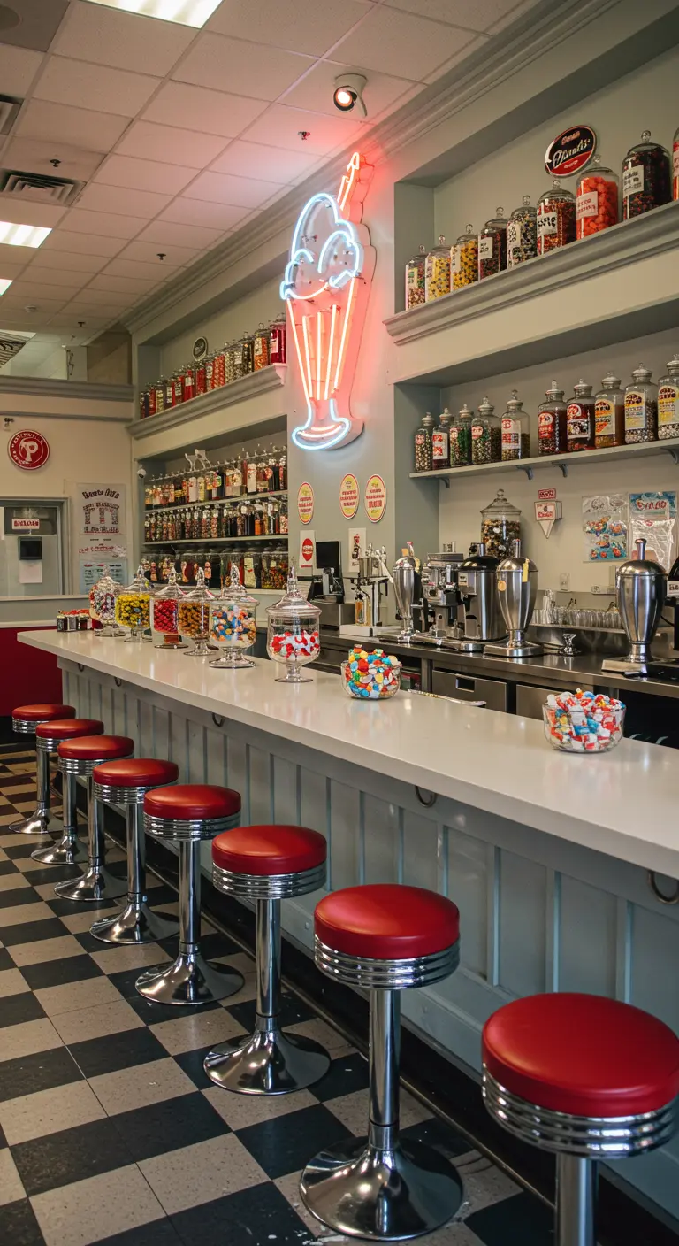 Comptoir de bar à soda avec tabourets rouges et bocaux de bonbons.
