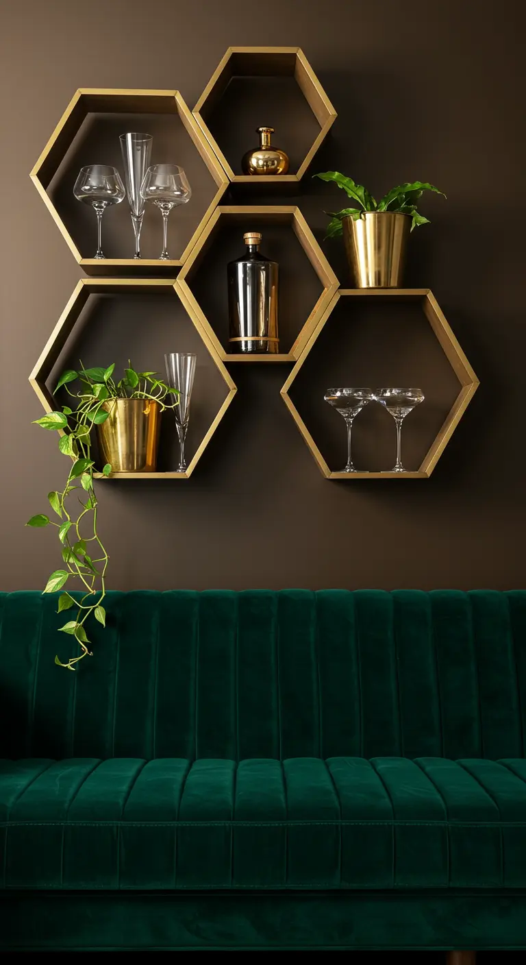 Étagères murales hexagonales dorées avec verres, bouteilles et plantes, au-dessus d'un canapé en velours vert.