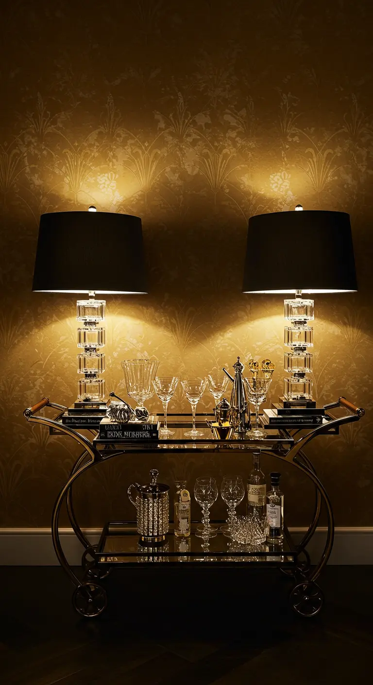 Chariot de bar doré avec deux grandes lampes de table noires illuminant une collection de verrerie.