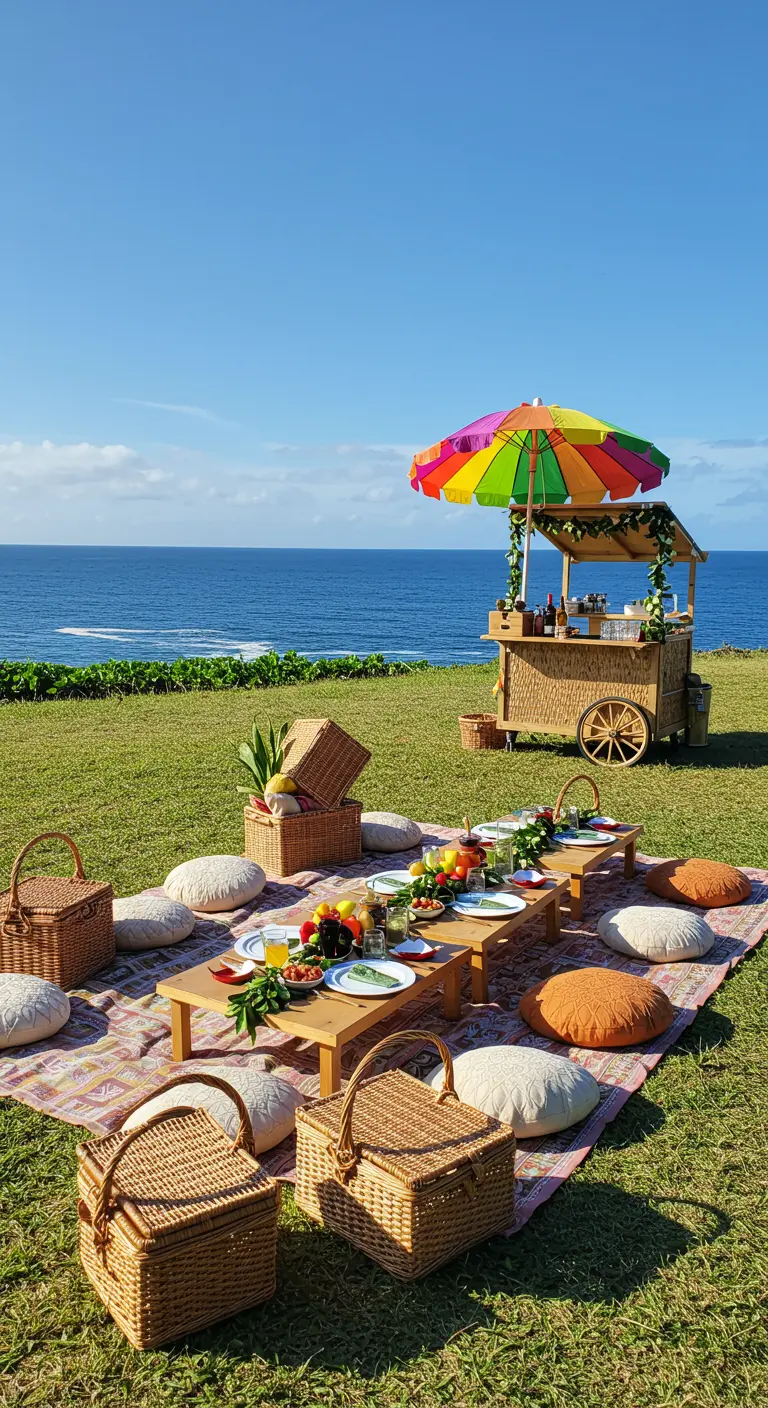 Pique-nique hawaïen en bord de mer avec un chariot-bar et des coussins au sol.