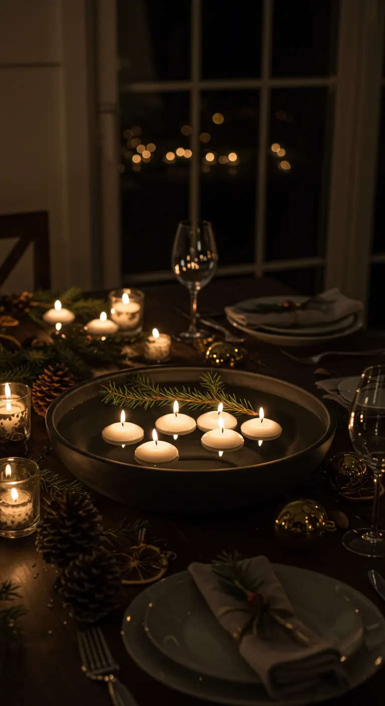 Centre de table avec des bougies flottantes dans un plat d'eau sombre.