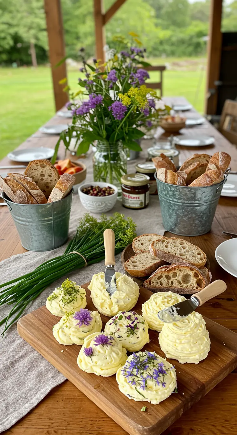 Portions de beurre composées de fleurs d'herbes sur une planche en bois.