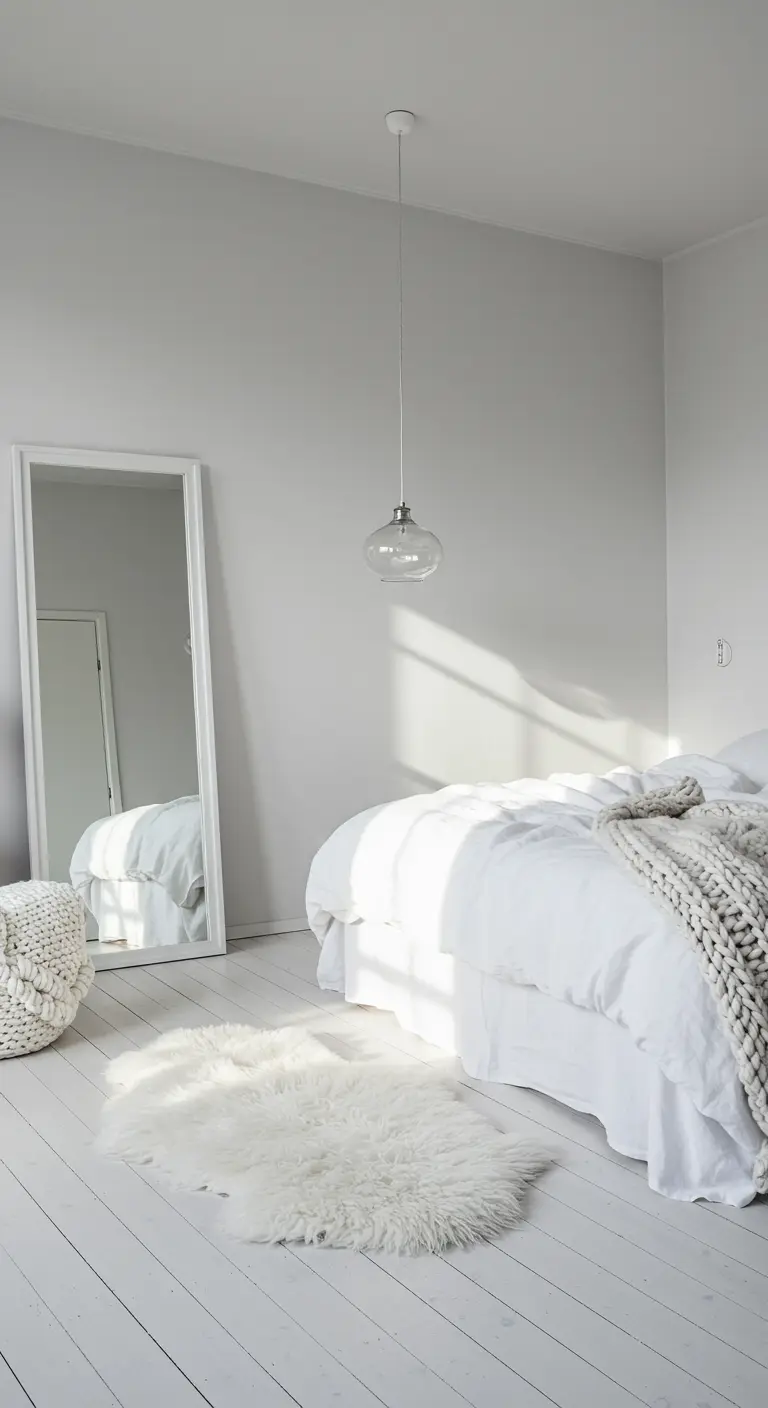 Chambre toute blanche avec miroir, plaid en grosse maille et tapis duveteux.