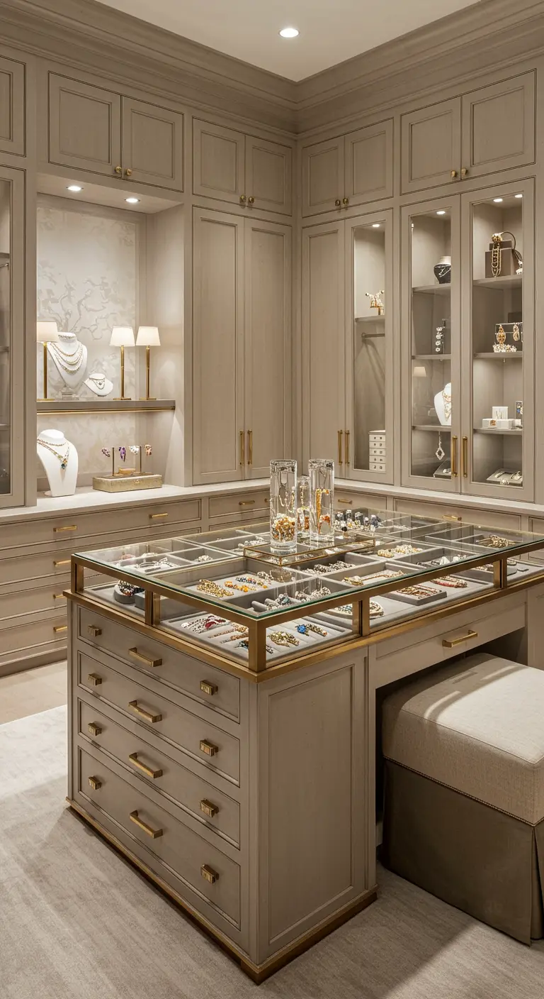 Dressing beige avec un grand îlot-vitrine pour exposer des bijoux.