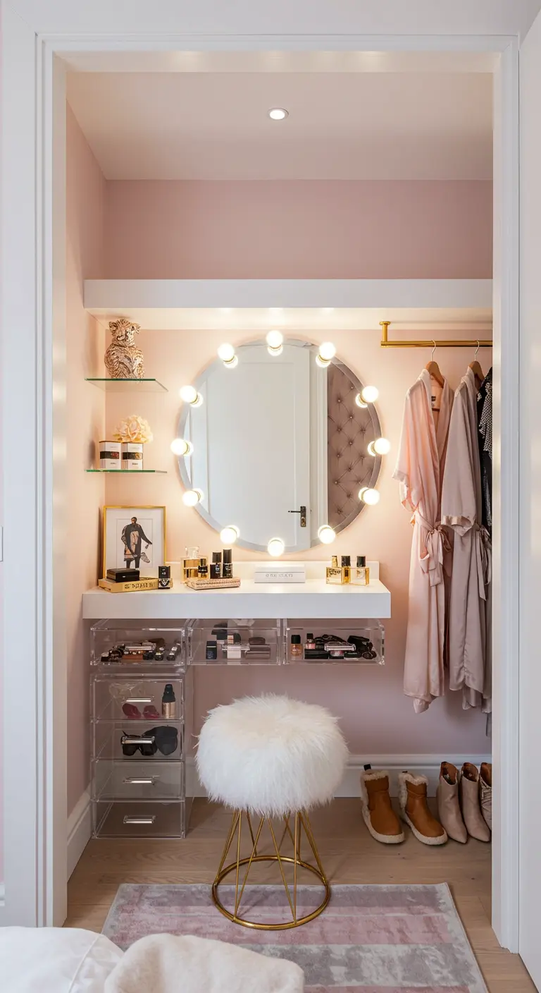 Placard transformé en coiffeuse avec miroir lumineux et rangements en acrylique.