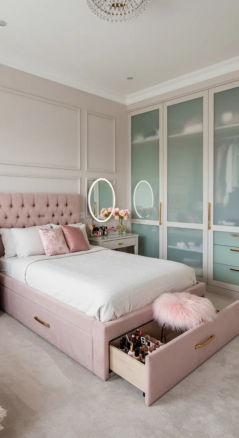 Chambre rose poudré avec un lit en velours et un tiroir ouvert rempli de produits de maquillage.