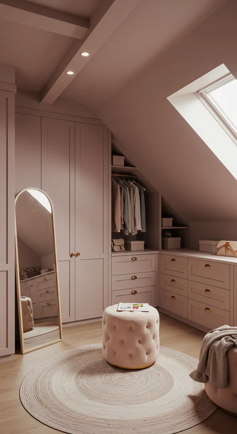Dressing sous comble dans des tons rose poudré avec miroir et pouf en velours.
