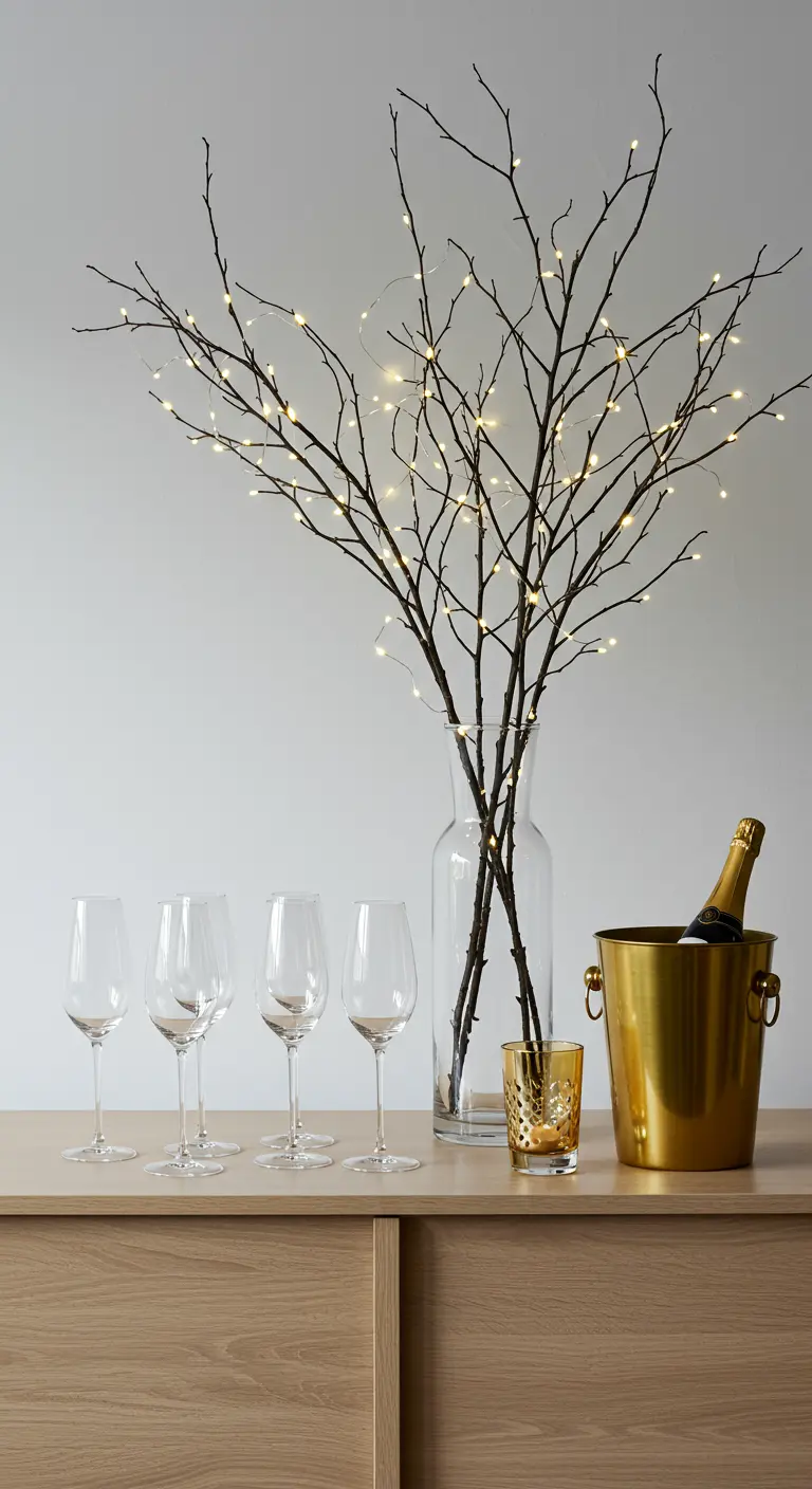 Branches nues dans un vase, illuminées par une guirlande micro-LED.