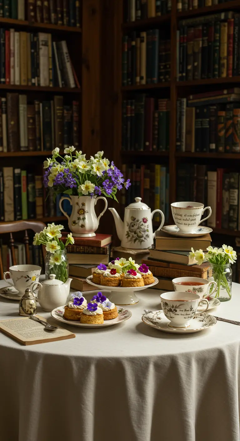 Brunch dans une bibliothèque, avec des gâteaux fleuris posés sur des piles de livres.