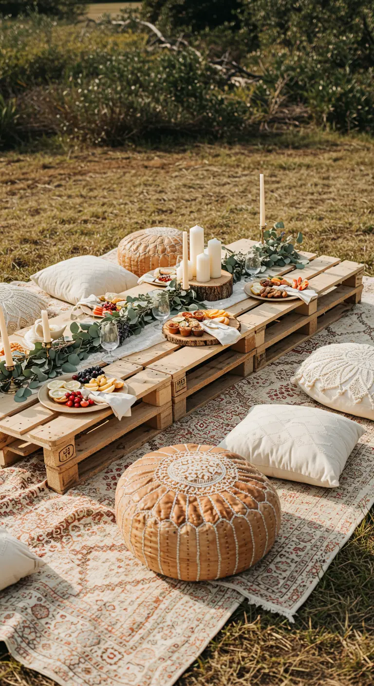 Pique-nique bohème avec une table basse faite de palettes et des coussins au sol.