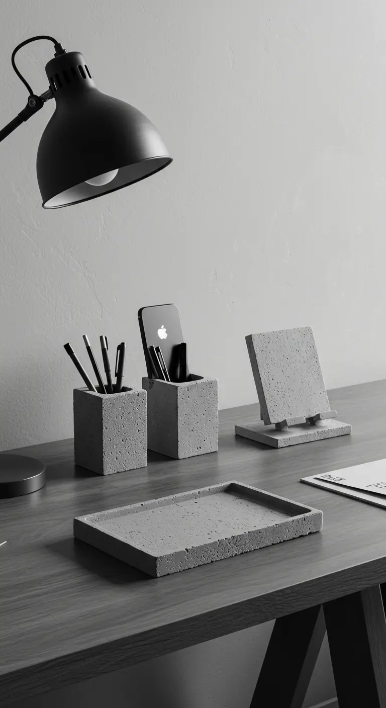 Ensemble d'accessoires de bureau minimalistes en béton gris brut sur une table sombre.