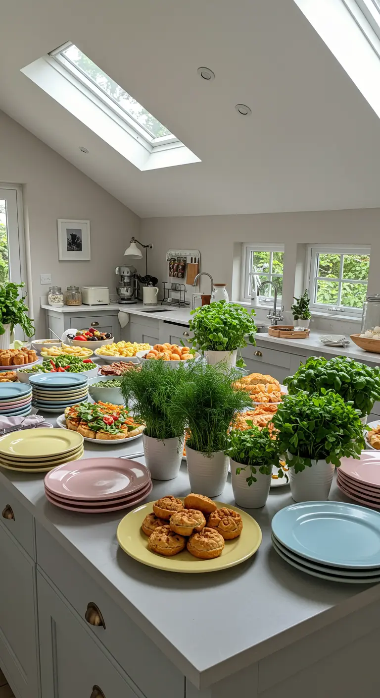 Grand buffet de brunch dressé sur un îlot de cuisine avec de la vaisselle pastel et des herbes fraîches.