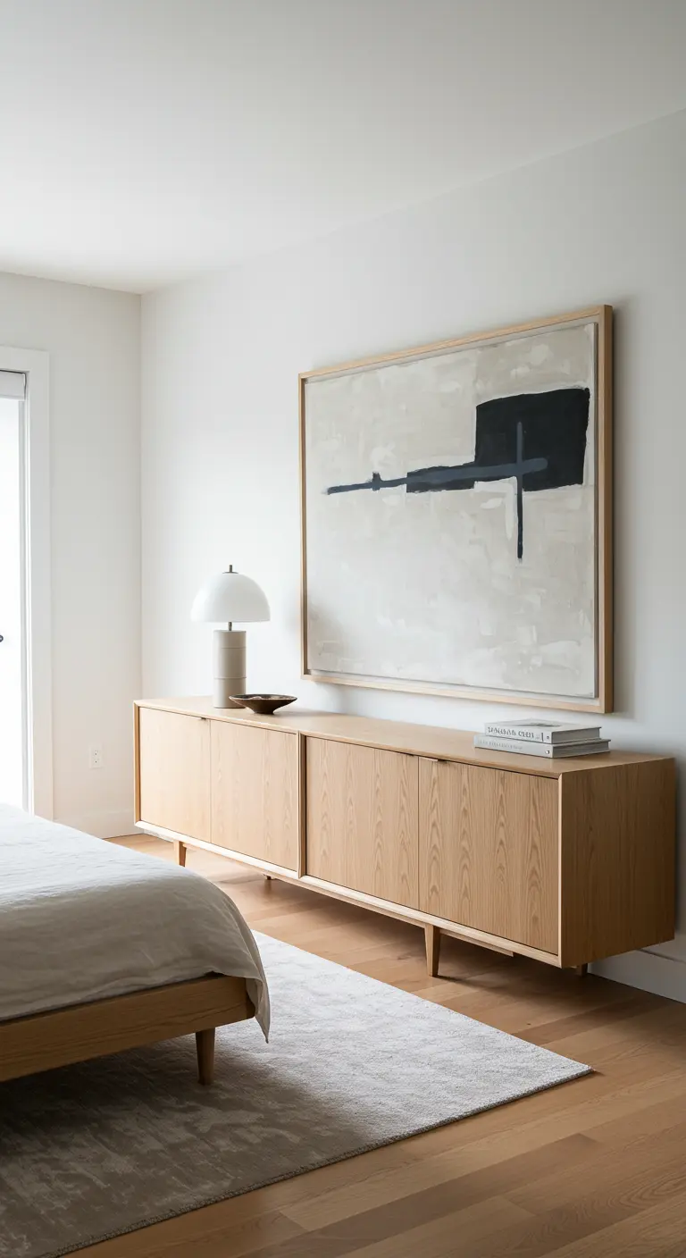 Buffet bas en bois clair dans une chambre, sous une grande œuvre d'art abstraite.