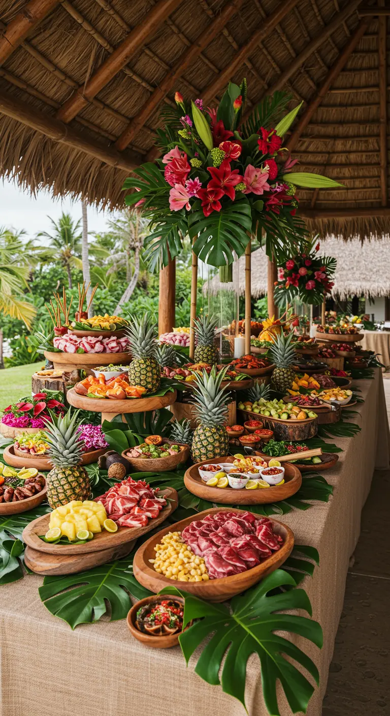 Buffet tropical luxuriant avec des ananas, des plats en bois et des feuilles de monstera.