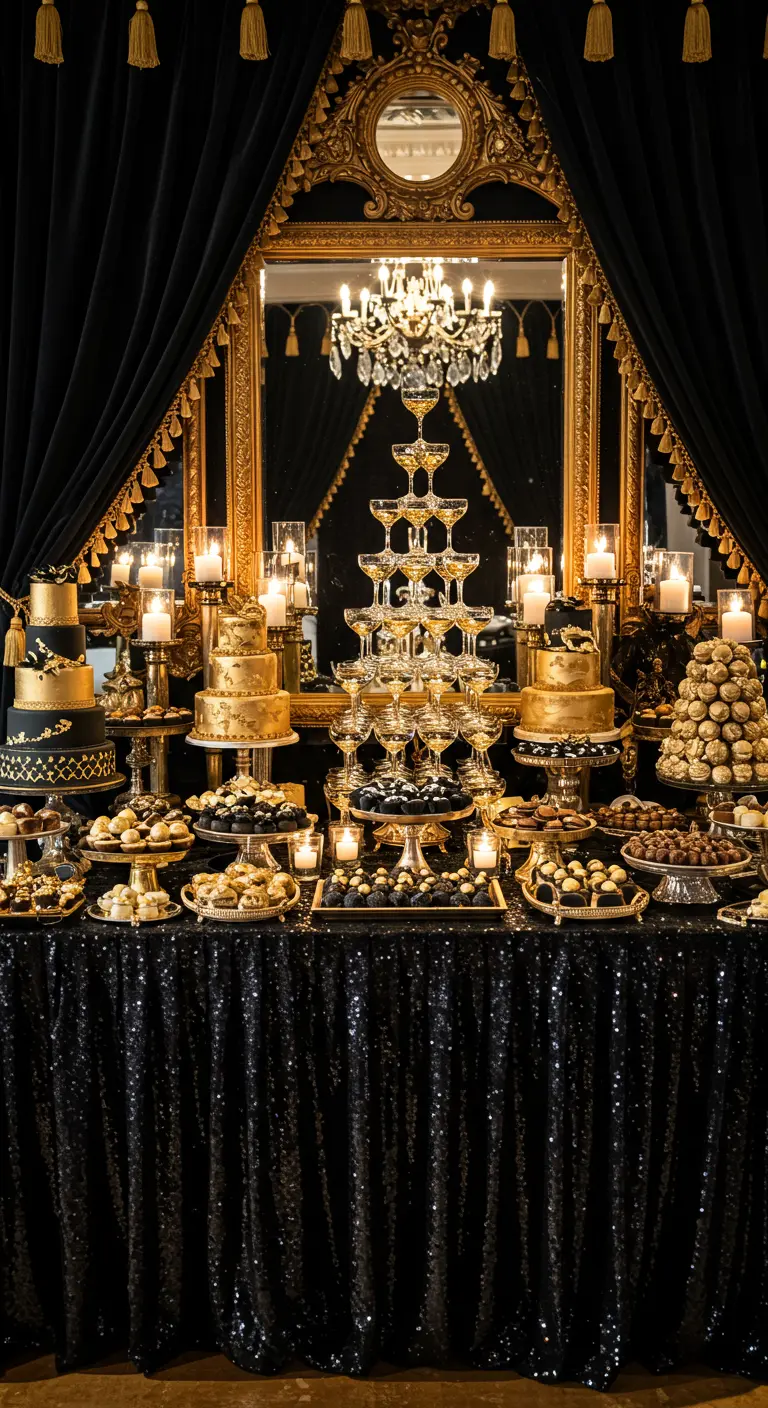 Buffet de desserts noir et or avec gâteaux, pyramide de champagne et bougies.
