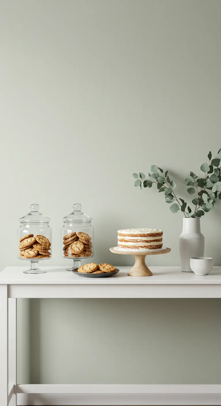 Buffet minimaliste avec des biscuits dans des bocaux en verre et un gâteau.