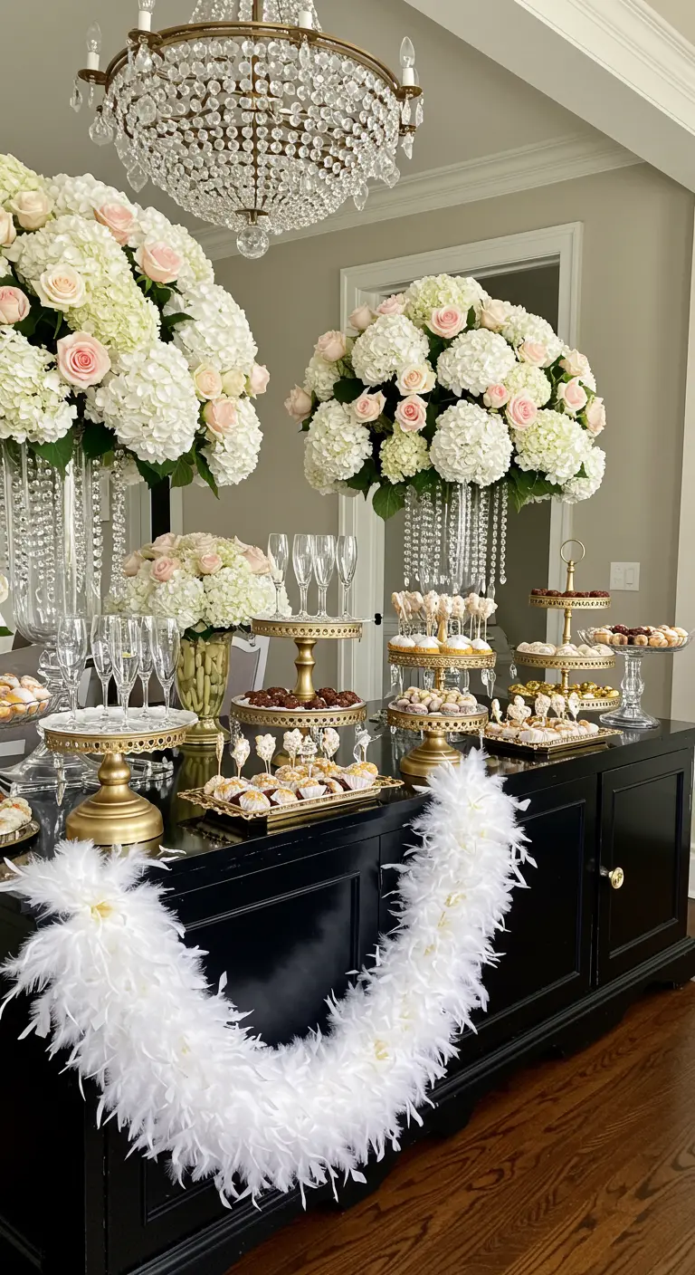 Buffet noir et or avec d'immenses bouquets d'hortensias, des présentoirs dorés et un boa blanc.