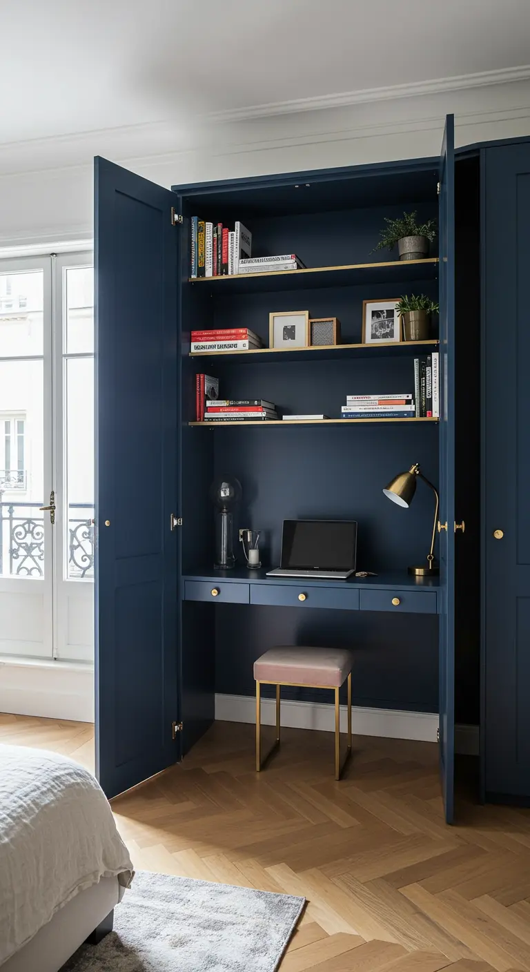Bureau bleu marine dissimulé dans une grande armoire avec étagères et tabouret rose.