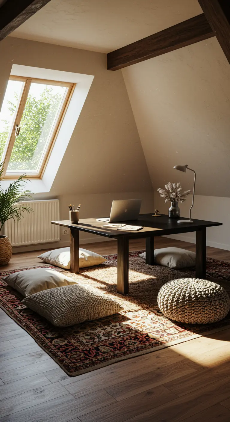 Bureau bas en bois dans un grenier, entouré de coussins de sol et d'un pouf sur un tapis oriental.