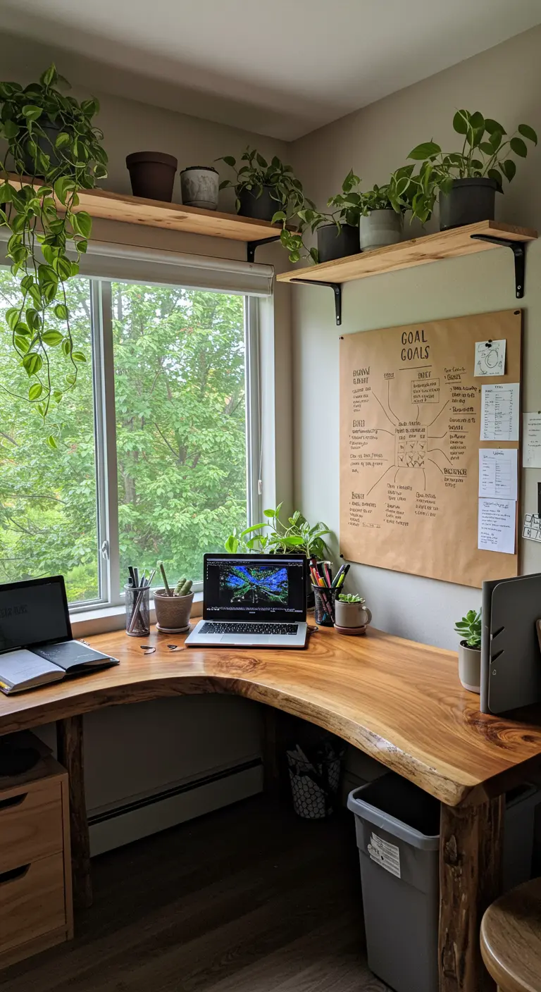 Bureau d'angle en bois brut face à une fenêtre, entouré de nombreuses plantes vertes.