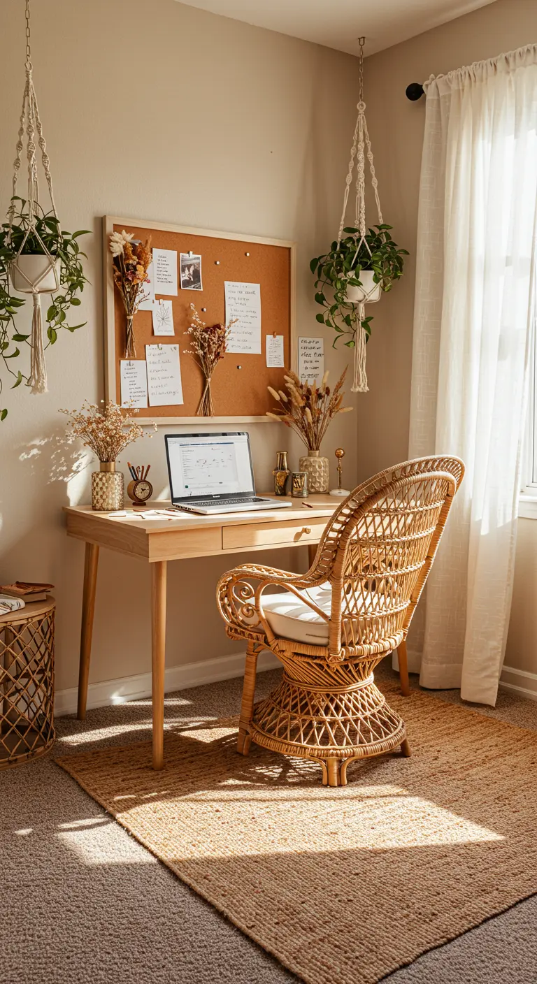 Bureau en bois avec une chaise en rotin, des plantes suspendues et un tableau d'inspiration bohème.