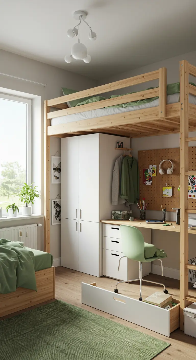 Chambre ado avec lit mezzanine en bois, bureau et armoire intégrés sous le lit.