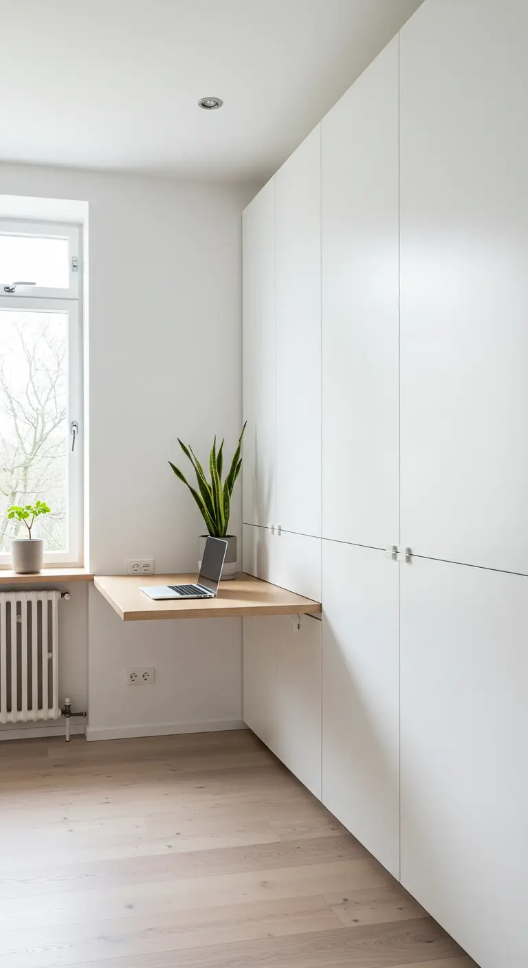 Bureau rabattable en bois clair intégré dans un mur de placards blancs.