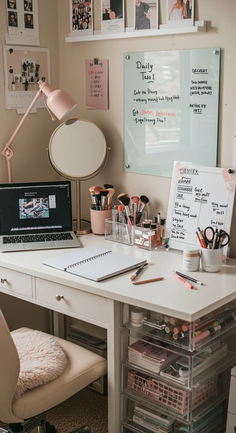 Bureau blanc servant aussi de coiffeuse, avec des rangements pour maquillage et papeterie.
