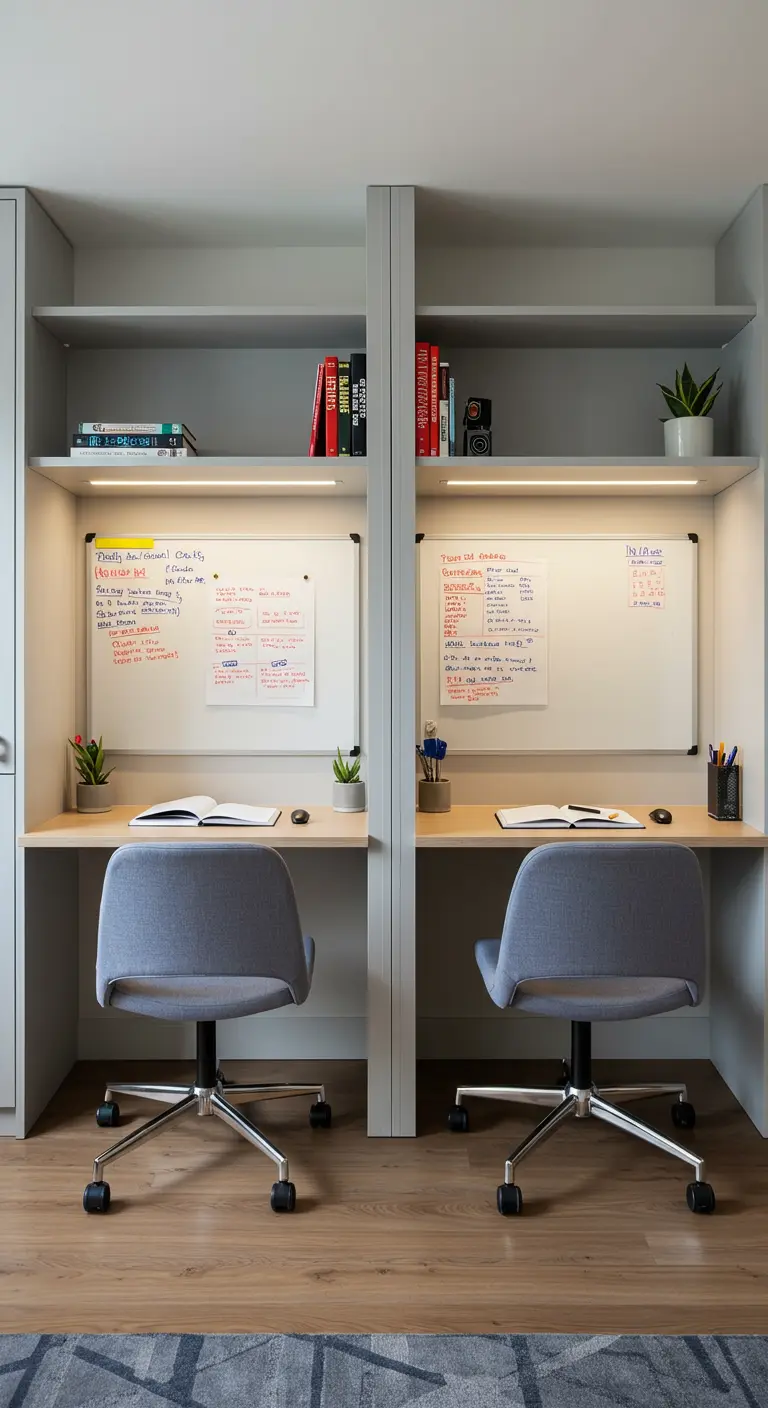 Deux postes de travail symétriques intégrés dans une structure murale grise.