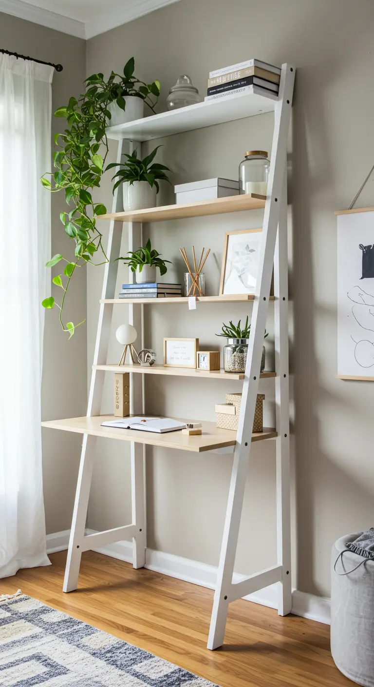 Bureau échelle blanc et bois clair avec des étagères décorées de plantes et de livres.