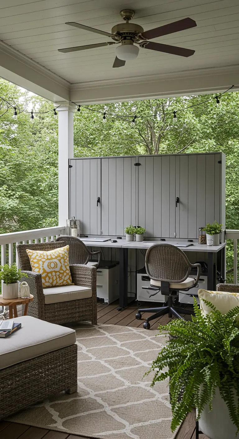Espace de travail extérieur sur une terrasse couverte, avec un meuble de rangement pour les ordinateurs.