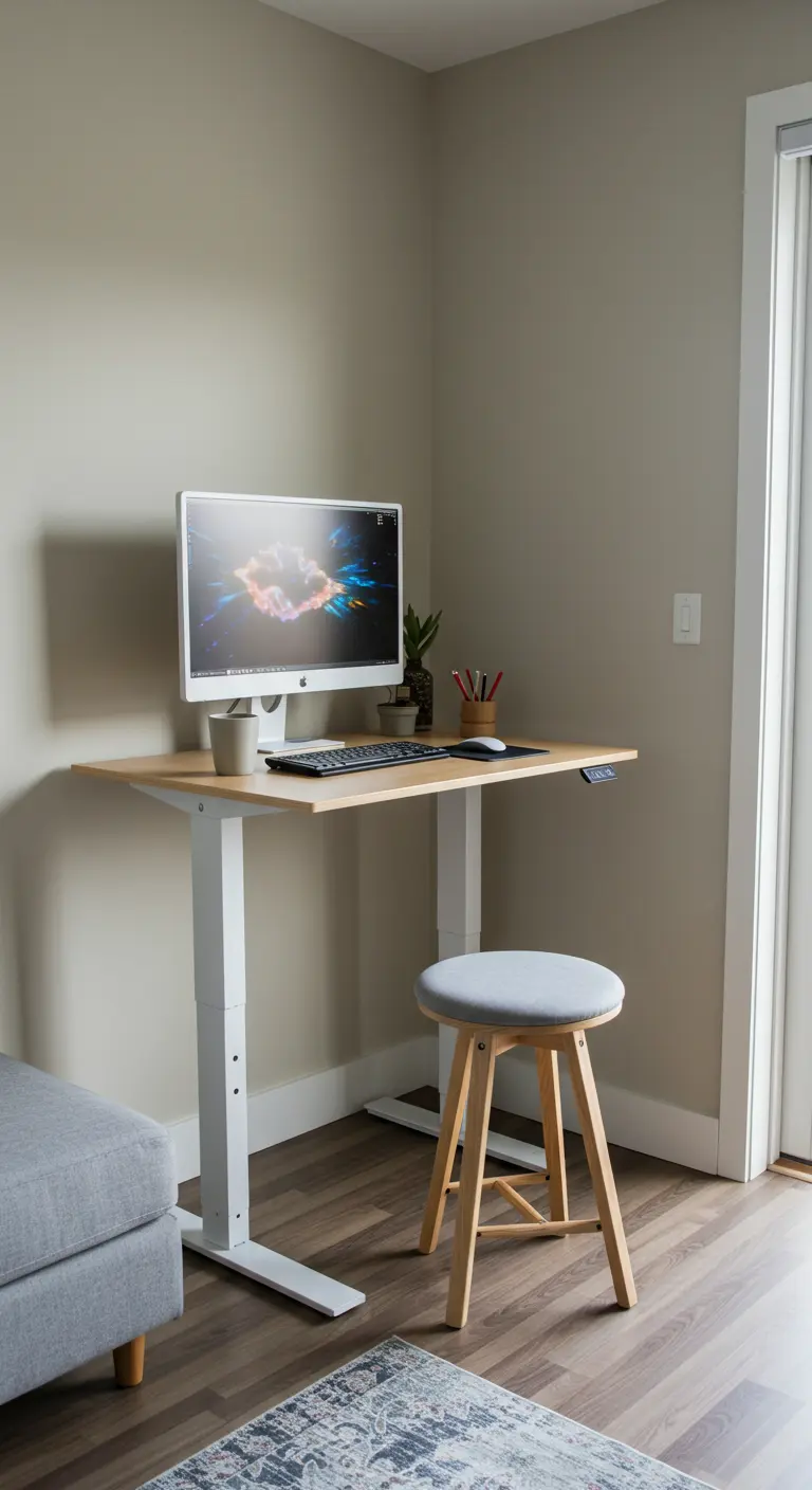 Bureau assis-debout blanc et bois dans un coin, avec un tabouret simple.
