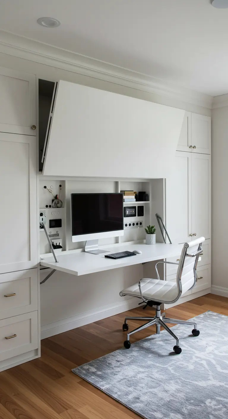 Bureau mural rabattable blanc, type lit escamotable, avec chaise de bureau.