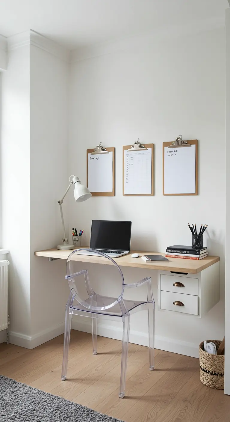 Bureau flottant en bois clair dans un angle avec une chaise transparente.