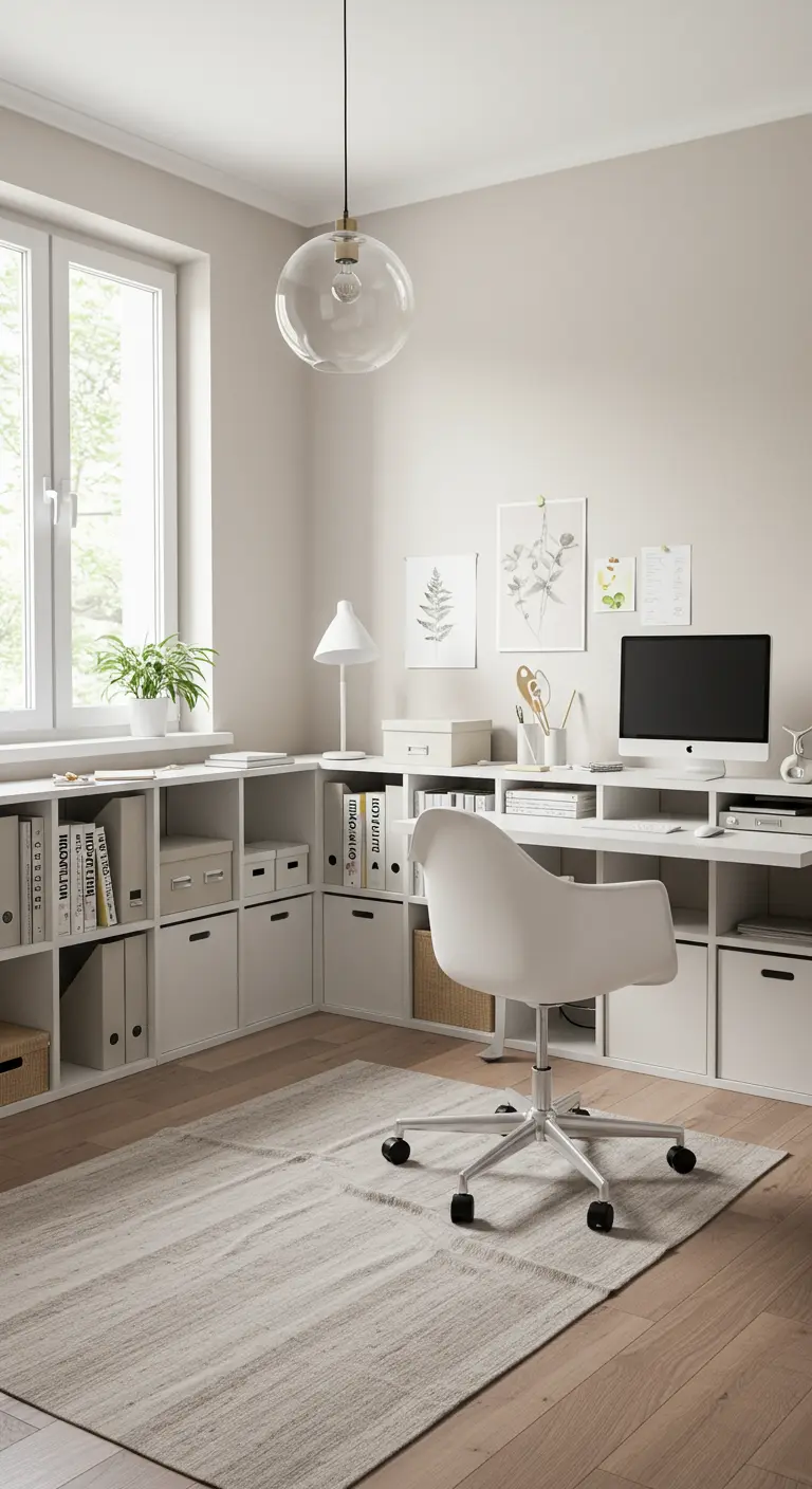 Bureau blanc intégré dans une configuration d'étagères basses blanches formant un L dans un coin lumineux.