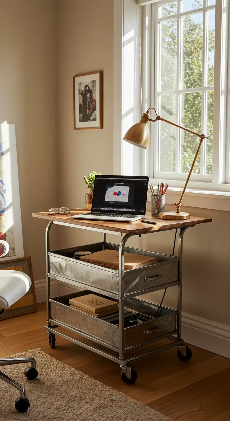 Bureau mobile sur un chariot industriel en métal avec des paniers de rangement.